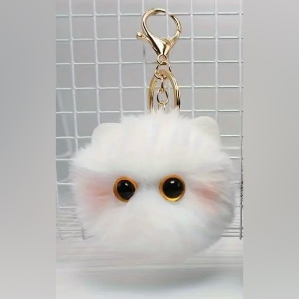 Fluffy Cat White Pompom Key Ring Purse Charm Kitty Cat - Picture 1 of 3